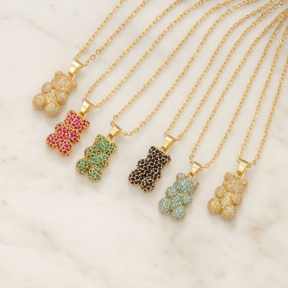 “Honey Bear” 14K Gold Plated Pavé Bling Necklace - Picture 1 of 2